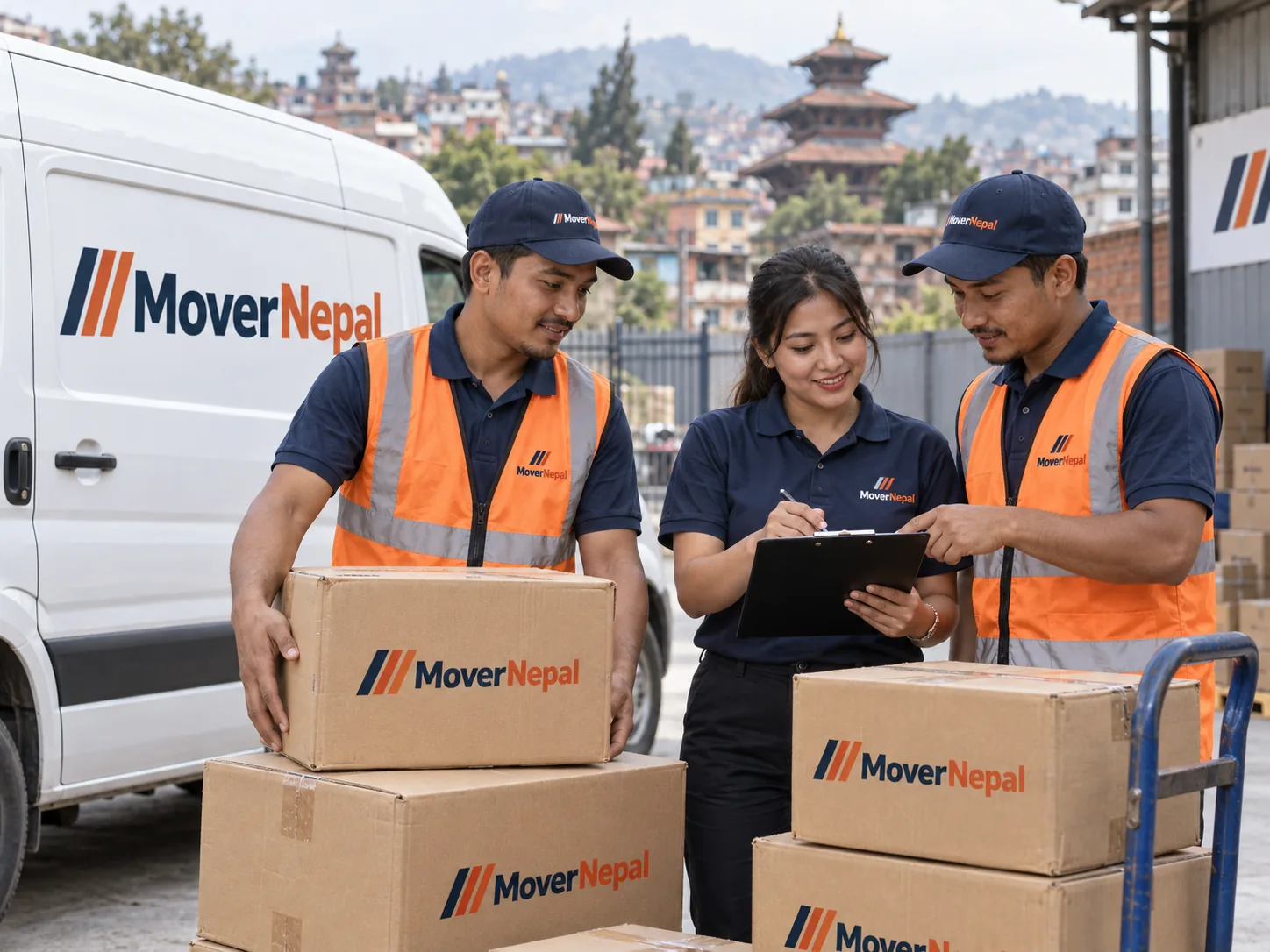 Nepali logistics team coordinating transport beside a branded van