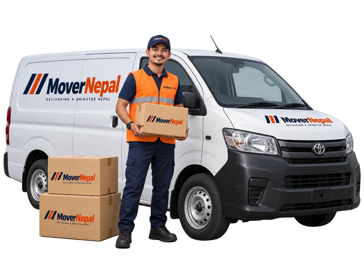 Courier holding a parcel beside a delivery van and moving boxes