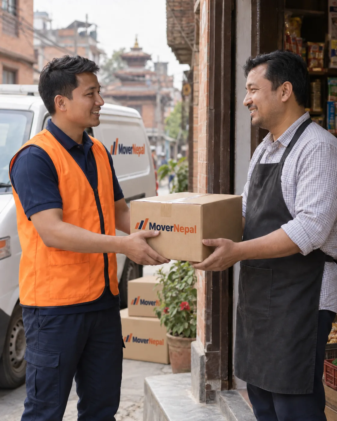 Illustration of a courier handing a parcel to a small business owner in Nepal