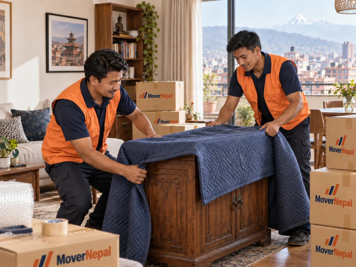 Illustration of Nepali movers protecting wooden furniture with a moving blanket
