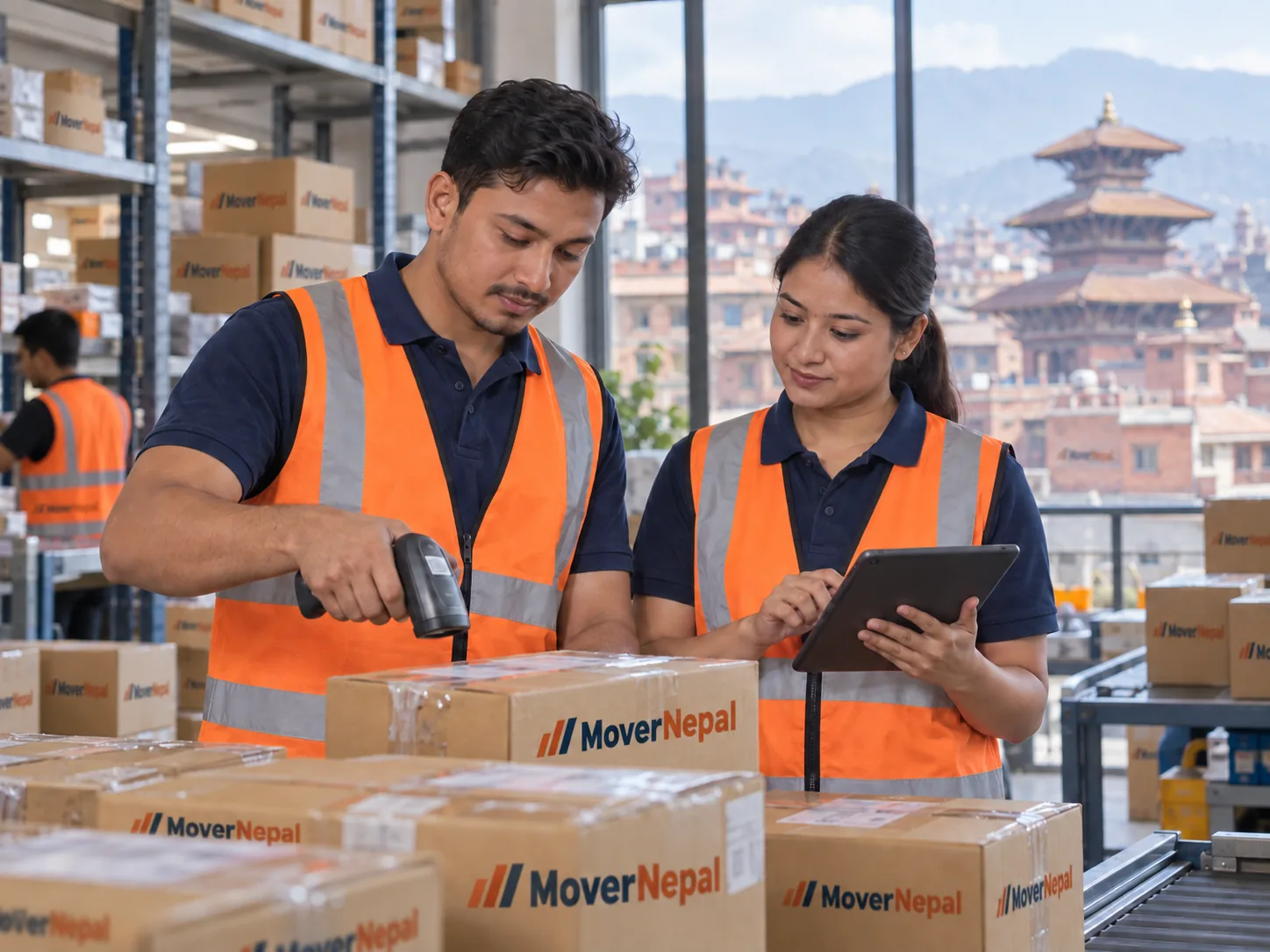 Illustration of logistics professionals scanning parcels and coordinating dispatch in a warehouse