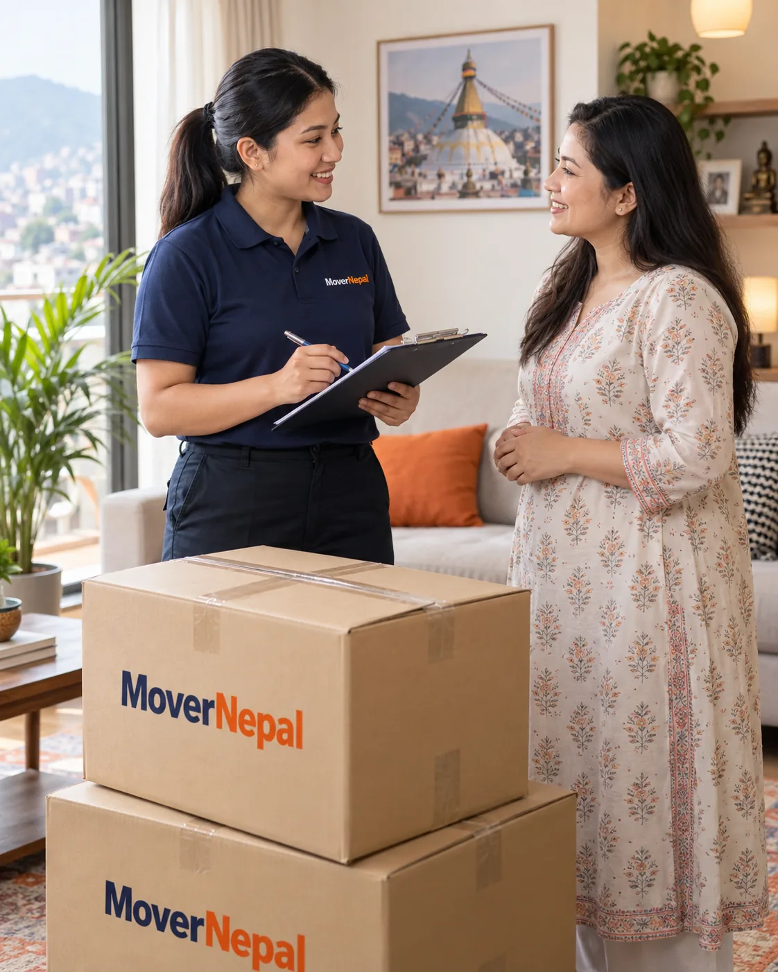 Nepali moving coordinator helping a customer plan a home move with MoverNepal boxes