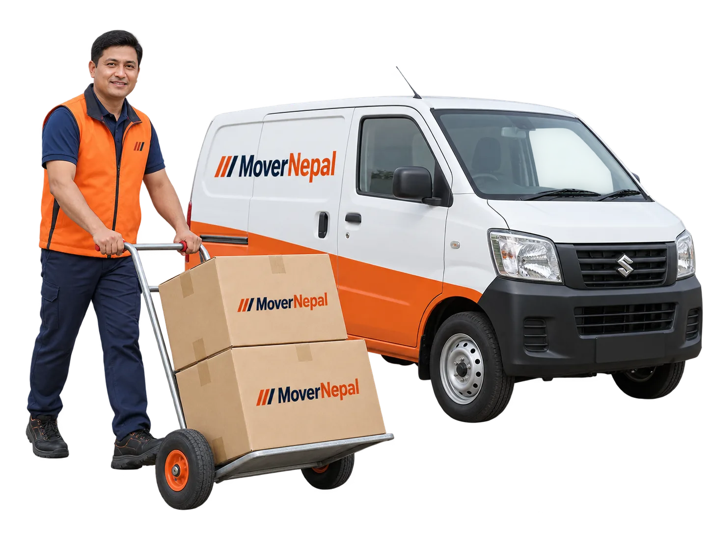 Nepali courier with a parcel trolley and an orange-and-white MoverNepal van